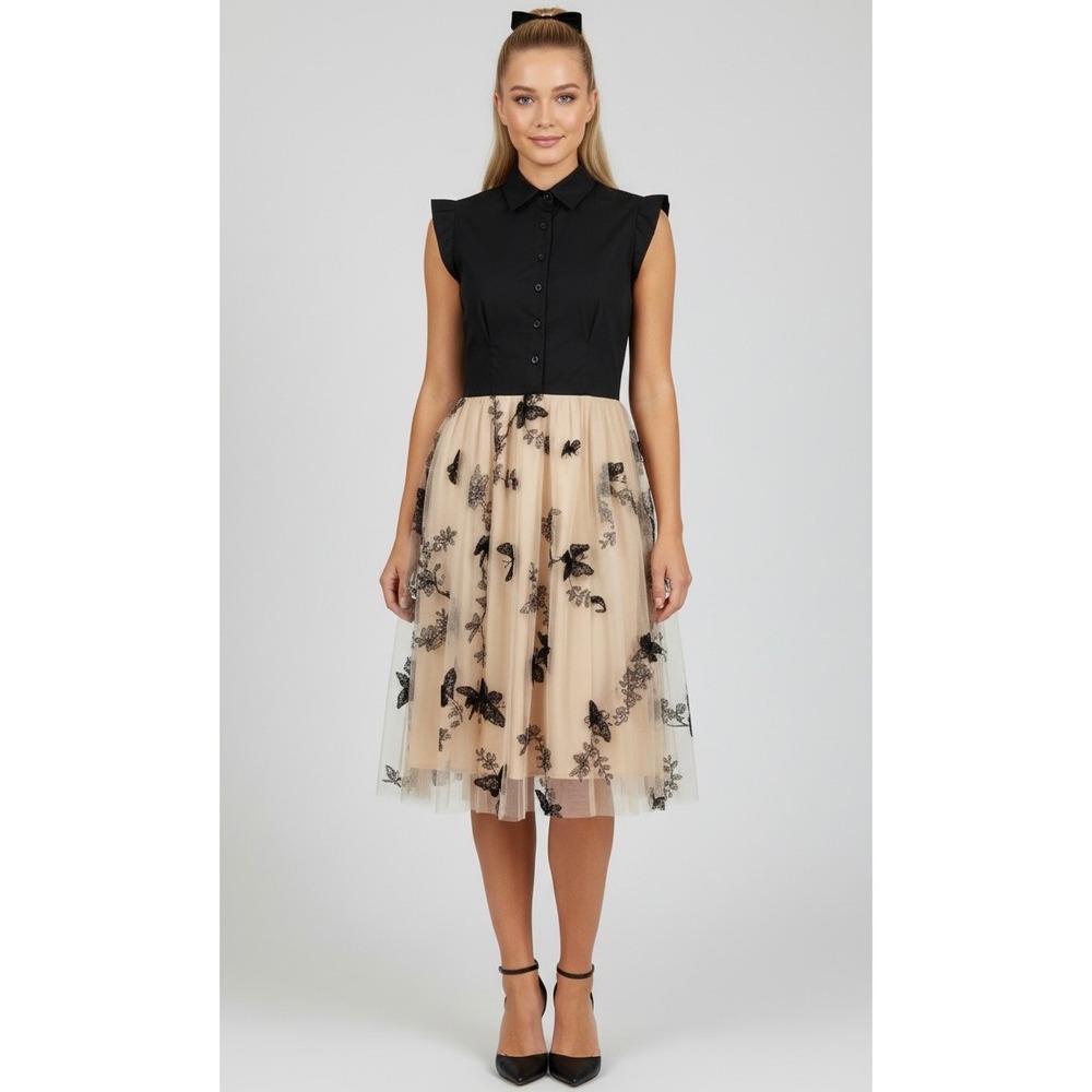 Black & Beige Butterfly Embroidered Tulle Midi Dress Size Large Sleeveless